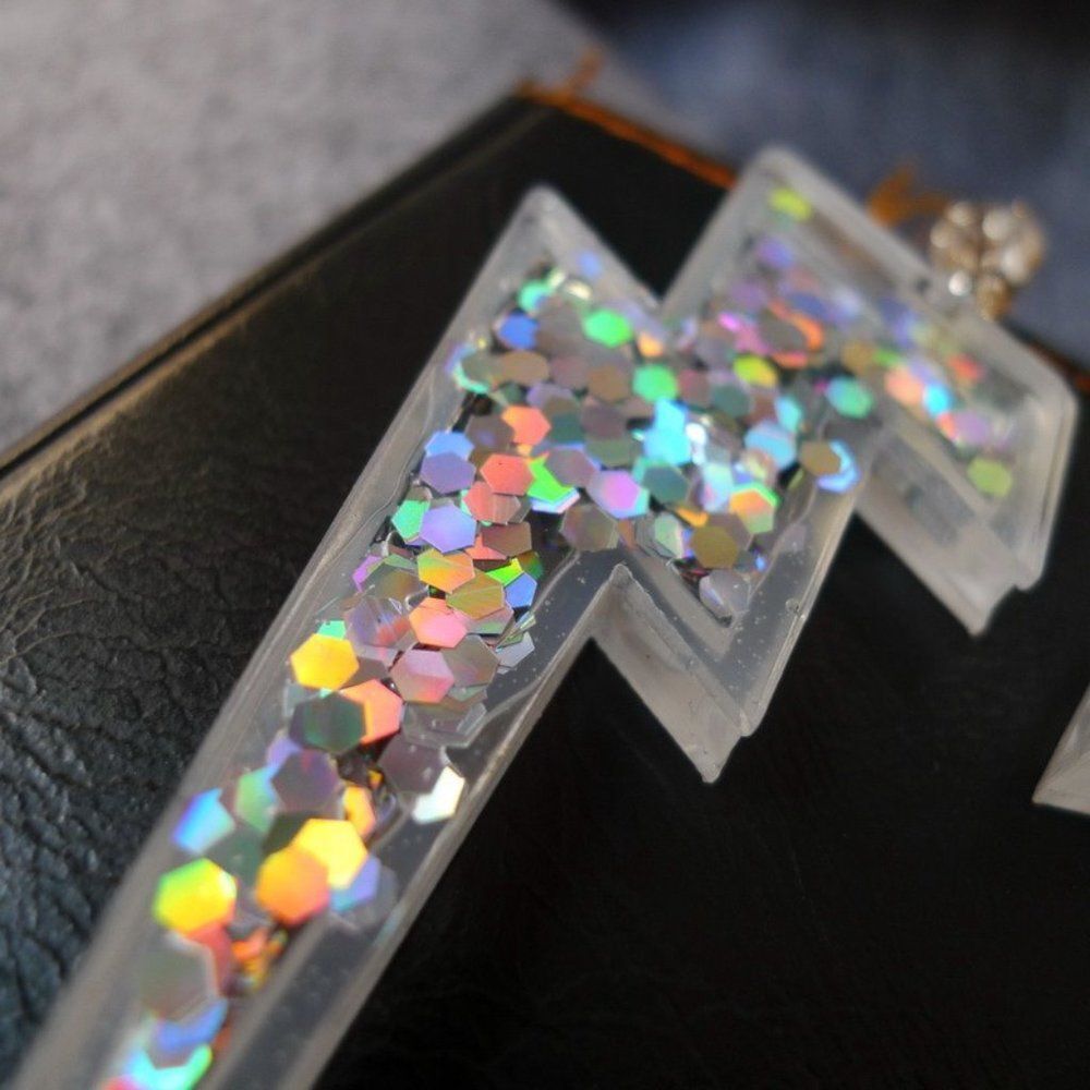 Acrylic Glitter Lightning Bolt Earrings, Kawaii Jewelry, 80s 90s Inspired - Picture 2 of 7